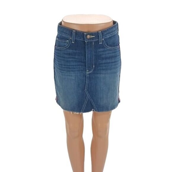 Hollister Denim Skirt Blue Side Stripe Ultra High Rise Distressed Womens Size 3 - Picture 1 of 7